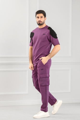 طقم رجالي أوفر سايز نص كم بنطال طويل مزين بأحرف Me...