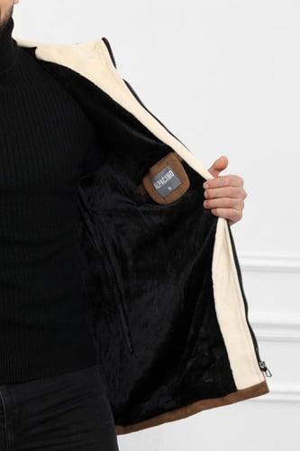 معطف رجالي شتوي بمظهر صوف مبطن بالفرو مزود بجيوب