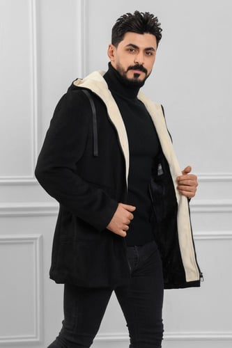 معطف رجالي شتوي بمظهر صوف مبطن بالفرو مزود بجيوب
