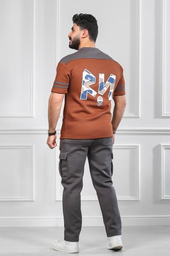 طقم رجالي صيفي كاجوال اوفر سايز بتيشرت بطباعة حرف...