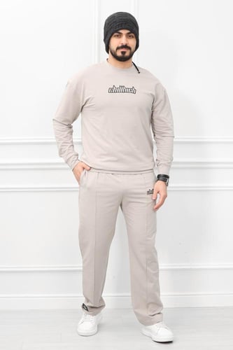 طقم رجالي شتوي كاجوال مزود بطبعة وبنطال واسع