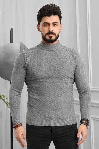 بلوفر شتوي رجالي هاينك منقوش برقبة نصف الياقة - بل...