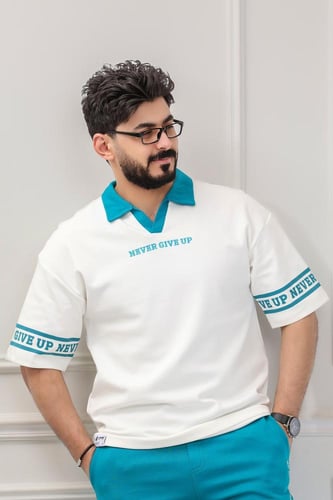 طقم رجالي صيفي كاجوال اوفر سايز تيشرت بياقة قميص ب...