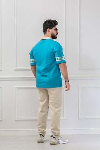 طقم رجالي صيفي كاجوال اوفر سايز تيشرت بياقة قميص ب...