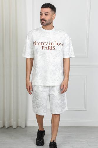 Men's oversized casual set, shorts with short sleeves and a round collar, striped