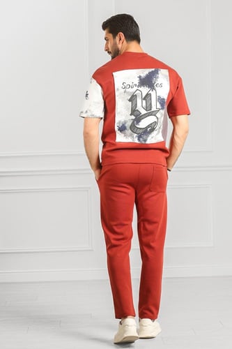 طقم رجالي أوفر سايز نص كم بنطال طويل تيشرت مزين بط...