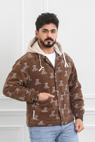 جاكيت رجالي شتوي فرو بقبعة بلون بيج وأكمام مزمومة