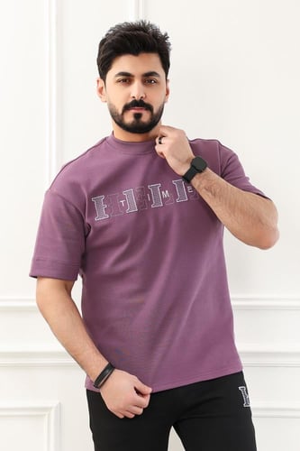 طقم رجالي اوفر سايز نص كم بنطال طويل مزين بخياطة ن...