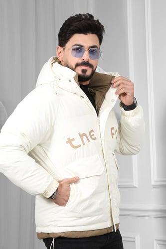 جاكيت رجالي شتوي منفوخ ومبطن مزود بطبعة