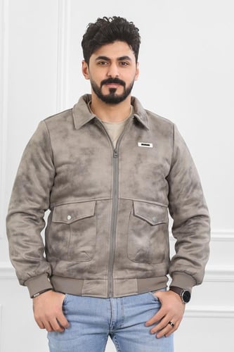 جاكيت رجالي شتوي سحاب فرو مغسول بأكمام مزمومة وجيب...