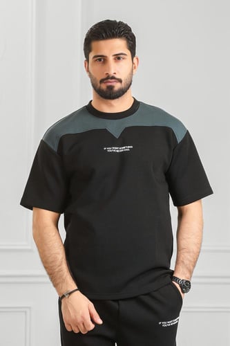 طقم رجالي أوفر سايز نص كم بنطال طويل تيشرت مزين بط...