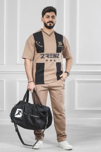 طقم رجالي صيفي كاجوال اوفر سايز بنطال طويل تيشرت ب...