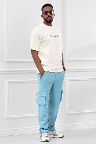 طقم رجالي صيفي كاجوال اوفر سايز مكون من تيشرت بلون...