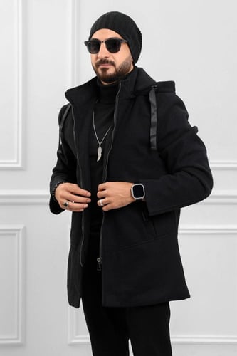 معطف رجالي شتوي طويل مزود بقبعة وجيوب