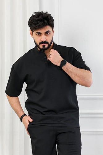 طقم رجالي شورت ستن سادة بأكمام قصيرة وياقة مزودة ب...