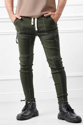 بنطال رجالي عصري كوب ضيق بخصر مطاطي وجيب بسحاب للإ...