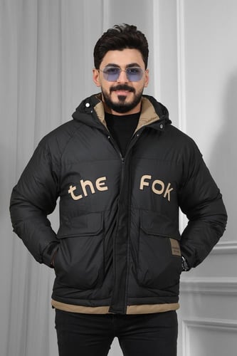 جاكيت رجالي شتوي منفوخ ومبطن مزود بطبعة