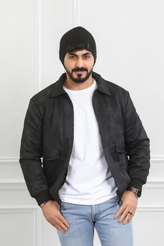 جاكيت رجالي شتوي سحاب فرو مغسول بجيب مغلقة مائلة