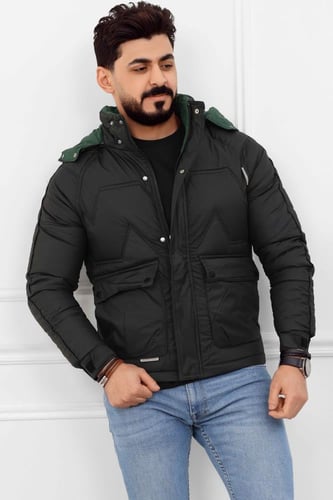 جاكيت رجالي شتوي مع غطاء رأس وأزرار إغلاق معدنية