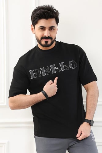 طقم رجالي اوفر سايز نص كم بنطال طويل مزين بخياطة ن...