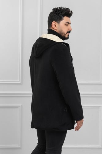 معطف رجالي شتوي بمظهر صوف مبطن بالفرو مزود بجيوب