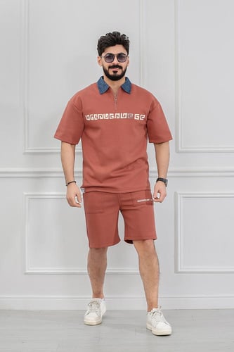 طقم رجالي كاجوال شورت أوفر سايز تيشرت بياقة بولو س...