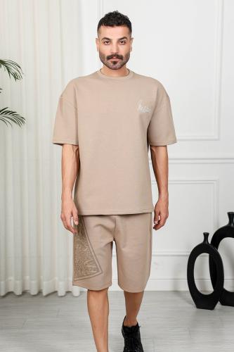 Men's oversized casual set, short sleeve shirt with a round collar, decorated with matching graphic print on the back and the shor...