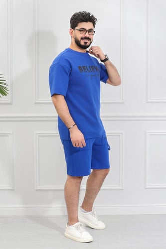 طقم رجالي كاجوال شورت أوفر سايز مزين بطبعة BELIEVE...