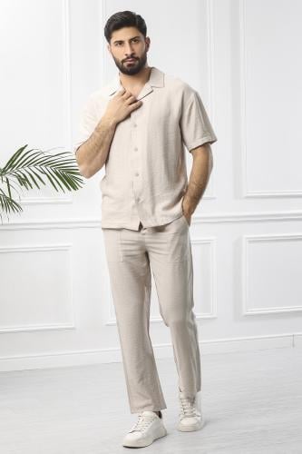 طقم رجالي بحري طويل سادة بأكمام متوسطة الطول مطوية