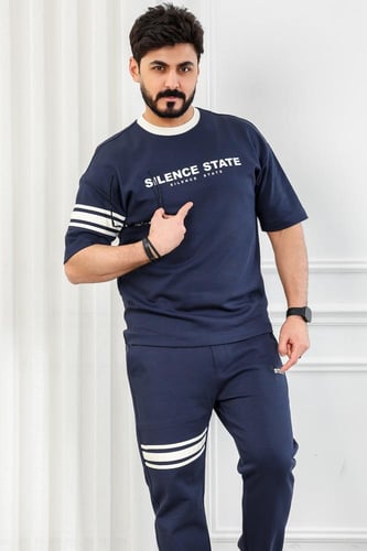 طقم رجالي أوفر سايز نص كم بنطال طويل مزين بخطوط أف...