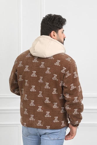 جاكيت رجالي شتوي فرو بقبعة بلون بيج وأكمام مزمومة