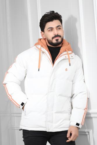 جاكيت رجالي شتوي منفوخ ومبطن بقبعة قطنية وخطوط على...