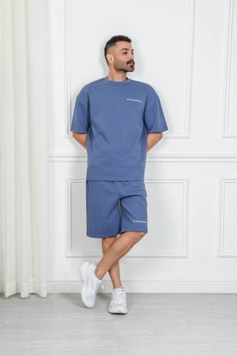 Men's oversized casual set, shorts with short sleeves and round collar, decorated with a large print on the back with geometric ed...