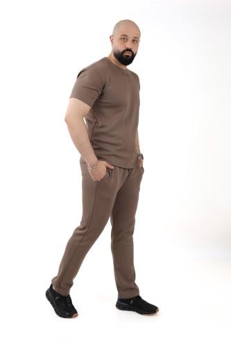 طقم رجالي صيفي كاجوال بنطال مع تيشرت سادة بياقة مد...