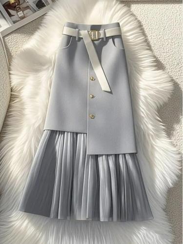 تنورة ماكسي Faldas Mujer Moda كورية رمادية
