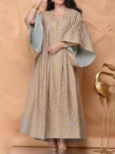 جلابية نسائية صيفية طويلة – ياقة V مطرّزة وقصة فضف...