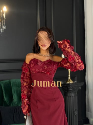 فستان كم طويل مطرز بالورد