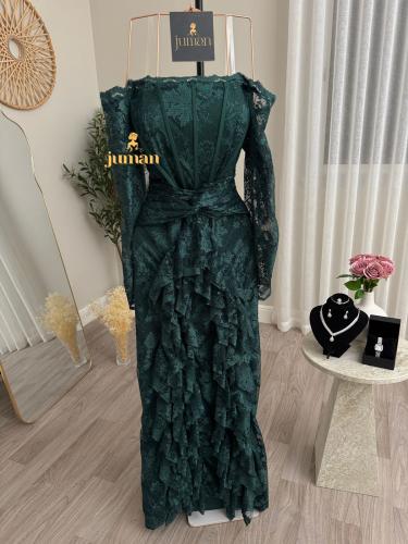 فستان زيتي دانتيل بفصوص