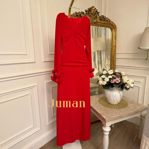 فستان سهره ناعم احمر كم طويل