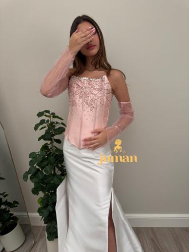 فستان سهره وردي باكمام منفصله