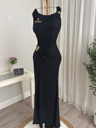 Black stretch dress shiny black with gold accessory