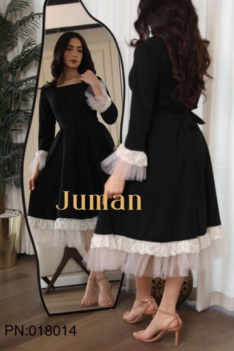 فستان اسود ميدي اطرف تل دانتيل