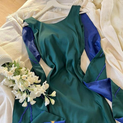 فستان تفته ناعم زيتي بتطريز يدوي