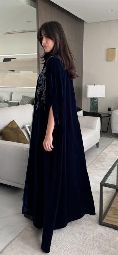 Navy Velvet Cape Abaya with embroidered statement - عباية مخمل كيب كحلي بتطريز فاخر