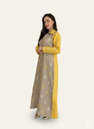 Linen jalabiya beige with yellow