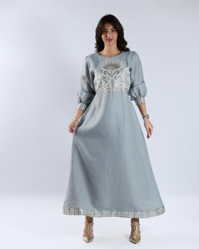 Linen thobe sky blue with silver embroidery