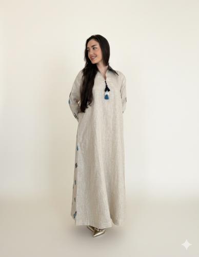 Linen thobe beige with blue