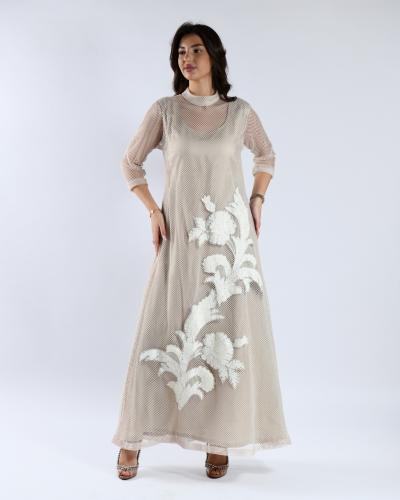 Beige mesh floral thobe