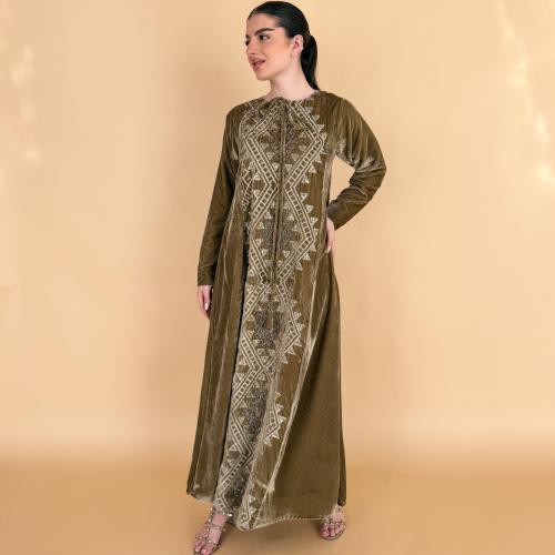 Velvet dishdasha embroidered olive