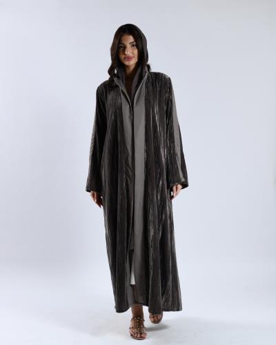 Dark beige velvet striped abaya